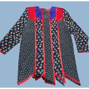 VTG Shepherds Australia Tunic Blouse Top Sz S Black Red Print Arty Whimsy Unique